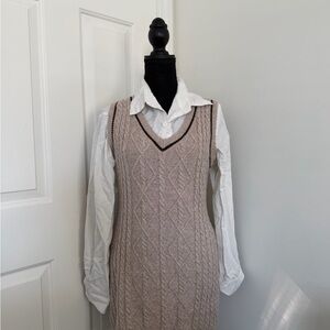 Beige Cable Knit Sweater Vest dress with White Shirt